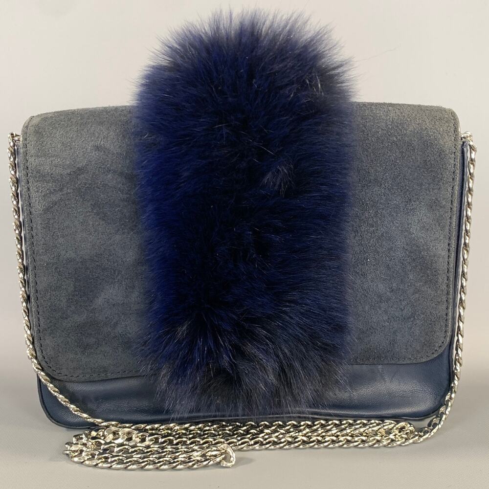 LOEFFLER RANDALL FW2015 Blue Navy Leather Faux fur Shoulder Bag